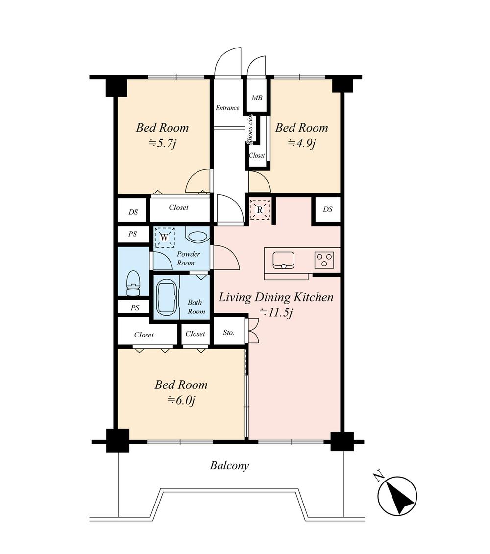 Floor plan. 3LDK, Price 39,500,000 yen, Occupied area 64.57 sq m , Balcony area 10.5 sq m