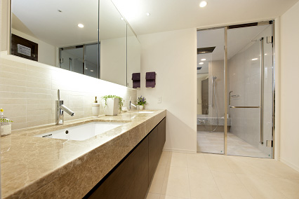 Washroom. Floor is tiled classy: wash basin with a wide