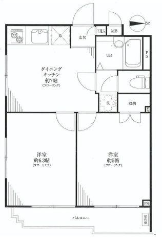 Floor plan. 2DK, Price 19,800,000 yen, Occupied area 36.19 sq m , Balcony area 3.57 sq m