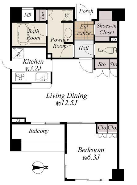 Floor plan. 1LDK, Price 33,900,000 yen, Occupied area 53.81 sq m , Balcony area 5.61 sq m
