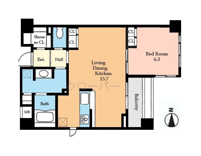 Floor plan. 1LDK, Price 33,900,000 yen, Occupied area 53.81 sq m , Balcony area 5.61 sq m