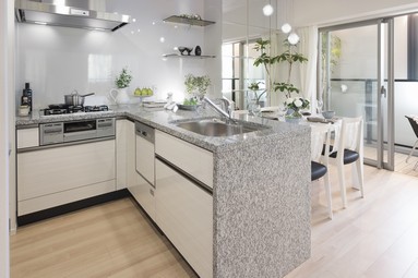 Open face-to-face system kitchen is functional L-shaped. Natural granite of the top plate and sleeves plate also has become a standard equipment