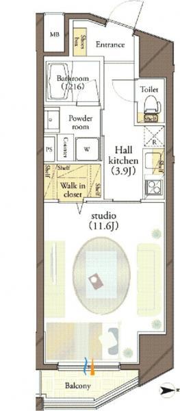Floor plan. 1K, Price 31.5 million yen, Occupied area 38.11 sq m , Balcony area 2.89 sq m