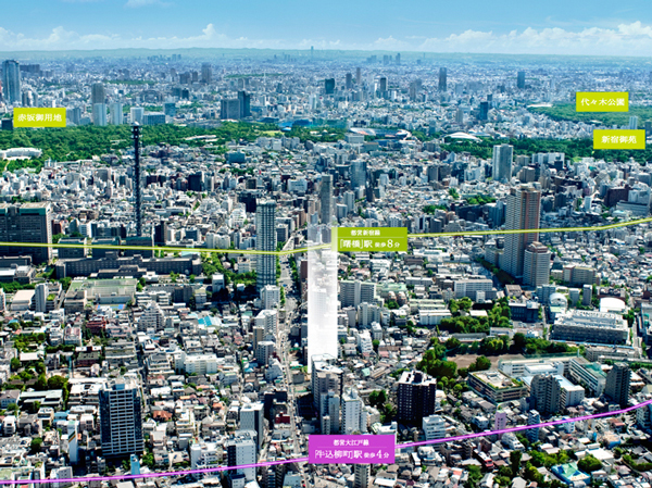 Other. Toei Oedo Line "Ushigome Yanagicho" station 4 minutes walk, Toei Shinjuku Line "Akebonobashi" Station 8-minute walk. Connect with the city main spot, 5 station 5 routes of transportation network.  ※ Aerial (Jingu from the vicinity of the sky Shinjuku-ku, Enoki-cho, in August 2010 ・ CG synthesis such as the light of the local portion to those obtained by photographing the Shibuya, In fact a somewhat different in what was processed)