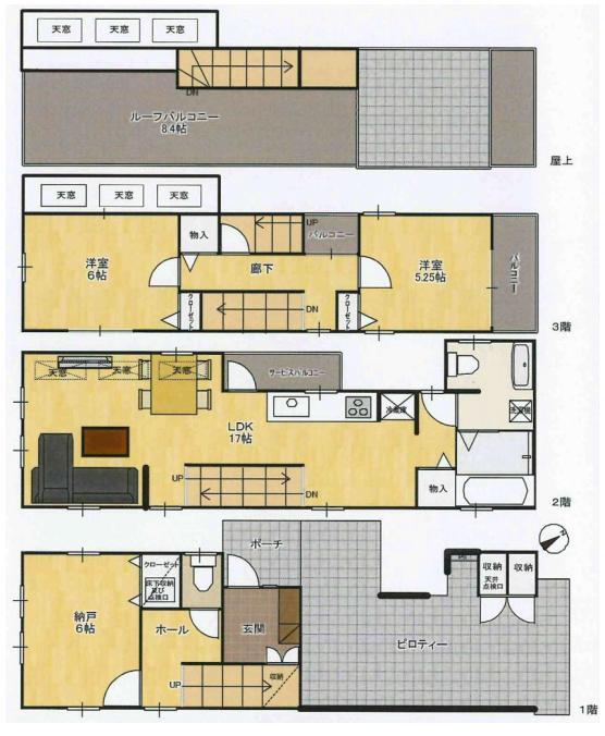 Floor plan. 78,800,000 yen, 2LDK + S (storeroom), Land area 64.72 sq m , Or BBQ would be how a large roof balcony of the building area 64.72 sq m 8 quires more than. What downtown sky, It's was so wider. It can also after-party at 17 Pledge of loose LDK.
