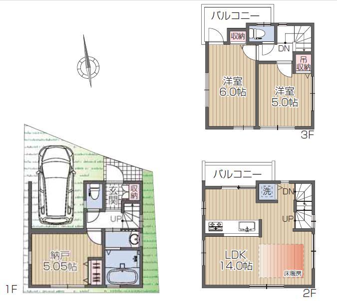 Floor plan. 45,800,000 yen, 3LDK, Land area 43.81 sq m , Building area 75.88 sq m building equipment also has been enhanced. Floor heating ・ Dish washing dryer ・ Bathroom drying heater ・ All rooms screen door other all standard specification.