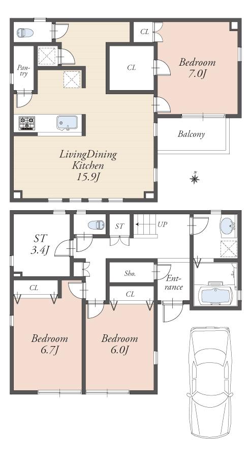 Compartment view + building plan example. Building plan example, Land price 34,800,000 yen, Land area 97.96 sq m building plan example Building price about 30 million yen, Building area 99 sq m