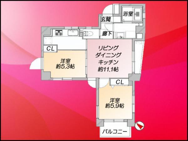 Floor plan. 2LDK, Price 41,800,000 yen, Occupied area 50.03 sq m , Balcony area 3.62 sq m