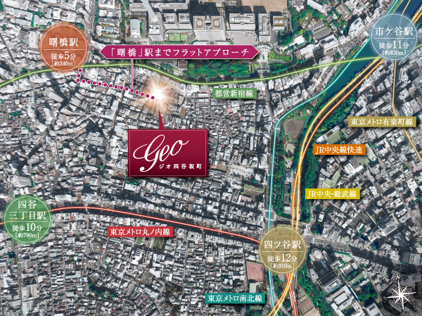 Surrounding environment.  [4 station 6 lines available access environment] Train course, car, Bicycle, etc., It is colorful and speedy access, Will keep in place of the active day-to-day.  ※ Aerial photo (November 2012 shooting) to slightly different from the actual are subjected to some CG processing.