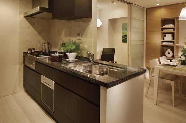 Full of profound feeling of granite counter kitchen. Granite has been adopted in vanities and toilet hand washing counter.