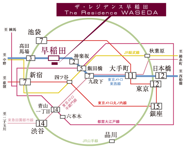 Surrounding environment. Yamanote Line crossing. Shinjuku 7 minutes, Network connecting Tokyo to freely in 15 minutes walking also to the city main railway station, such as Tokyo 12 minutes. Also, Tokyo Metro Tozai Line is connected to all 18 routes, You come true is comfortable moving in the power access to bring the peace of the city life. (Access view)