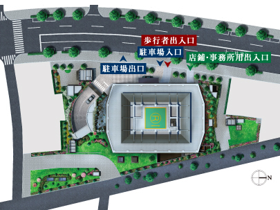 Features of the building.  [landscape] Approach to the entrance, Clearly separate the pedestrian and car flow line, It was to ensure the safety. People to the entrance through the sidewalk. Private car or taxi can stop the carriage porch provided before entrance along the car road. After getting on and off, The car has become a approach that it is nearing the underground parking. (Site layout conceptual diagram)