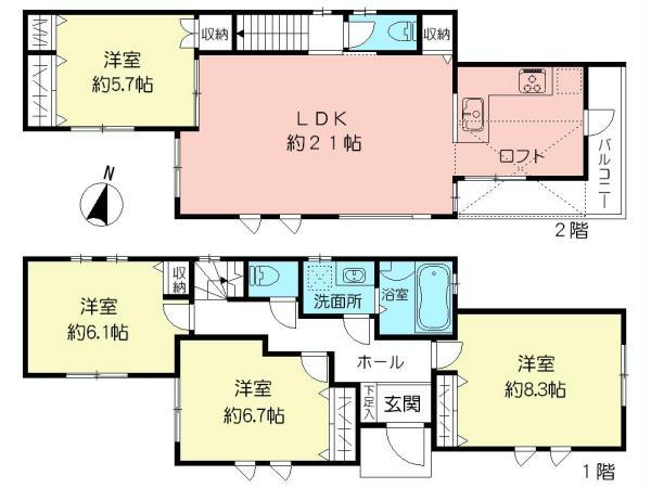 Floor plan. 79,800,000 yen, 4LDK, Land area 142.31 sq m , Building area 104.35 sq m