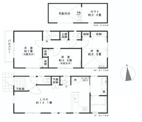Floor plan. (B Building), Price 53,800,000 yen, 3LDK, Land area 76.05 sq m , Building area 75.5 sq m