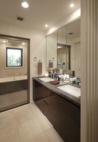 Bathing-wash room.  [2 bowl powder room] Installing a washbasin 2 bowl order to have the room to the morning and evening of the busy time. While a functional, Adopt a beautifully luxurious natural stone. Interior resistance even higher, It will produce the urban basin space. (Building in the model room ・ H type)