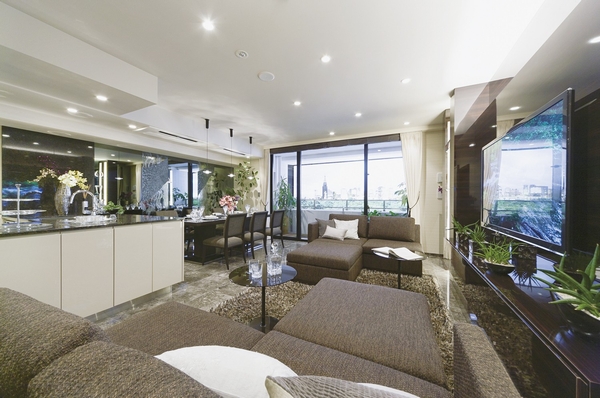 About 18.5 tatami. LD that in Haisasshi over the spread-to-ceiling views of the vast green of Shinjuku Gyoen. Natural stone that has been subjected to on the floor is as if to symbolize the sense of quality of the mansion