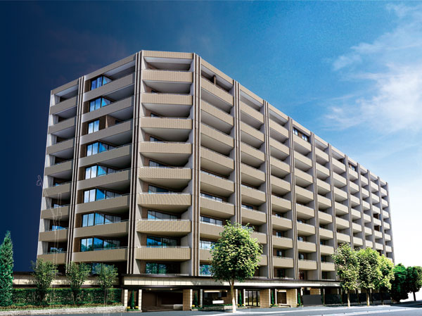 Features of the building.  [Engender is quaint material, Style and texture] The outer wall, Adopt a ground color of the tile. In addition to the pillar part, Arranged tile of off-white in stripes as an accent, The walls and entrance around the first floor, Plenty adopted a natural stone, It produces a sense of quality. (Exterior view)