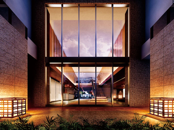 Features of the building.  [Representation of the dignity appropriate to the Shinjuku Gyoen] The Gaien Nishi Street side, It was positioned as a facade to embody the "dignity". Not only the people who live, Passers is in the eye, There to feel something special, So to speak-class city "face". When heavy flowing to the Shinjuku Gyoen, Not a superficial, It has been expressed in the muscular modeling. (Entrance Rendering)