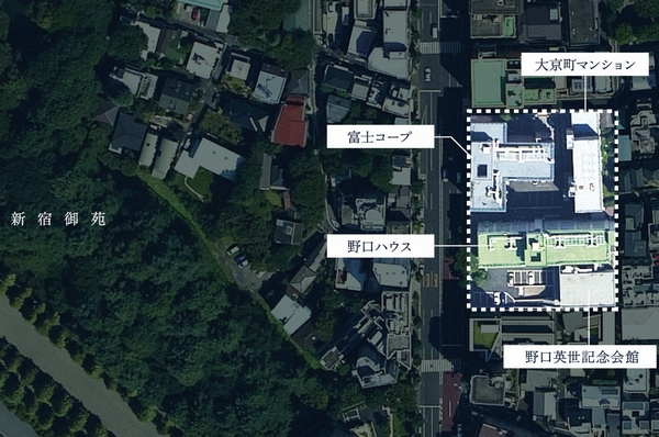 Local peripheral aerial photographs (September 2011 shooting. It has been subjected to some CG processing, In fact a slightly different). We are rebuilding business of the three apartments that have been talked about along with the title of "vintage" and "Hideyo Noguchi Memorial Hall" Joint.