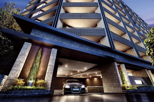 Exterior design / Strike a modern architecture inherent functional beauty, Pillars and floor of the framework. Spacious carriage porch seems to carve pride in streets of Gaien West Street (Rendering)