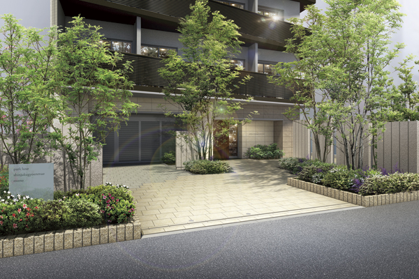 Buildings and facilities. Seeking further value in the city center to evolve, Planting was inspired from the city of symbol "Shinjuku Gyoen" plan. To ensure the separation from the street, The outside structure approach provided while drawing a curve, It was richly planted green. Fresh green continuing from "green of the small-diameter" to entrance the previous symbol tree. Ahead of advancing the walking while feeling the moisture, Enhanced the sense of openness and crime prevention Haito ・ Realize the dwelling unit plan. While situated in the inner city, It was aiming to calm and pleasant A New compact Residence. (Entrance Rendering)