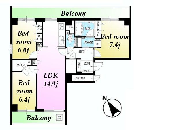 Floor plan. 3LDK, Price 48,900,000 yen, Occupied area 77.75 sq m , Balcony area 21.18 sq m