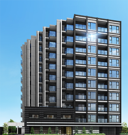 Features of the building.  [appearance] Adopt a heat-reflecting glass ※ By 1, It stands out even when viewed from a distance sparkle of glass, It claims the presence of the shine is built facing the main street. And bold black frame formed by the heavy tone of the tile, The rhythmic skyline by set-back, Sharp's facade design that tells a delicate look. Provided with the accent wall is on the lower part, It creates a soft modeling that further treat the planting, It also considered in harmony with the surrounding. (Rendering)