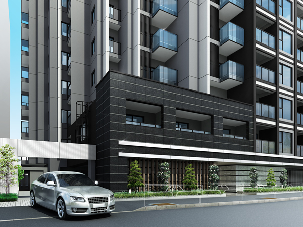 Features of the building.  [entrance] The proud welcome entrance to those who are resident, Using the natural stone. The paste-like border of stone that was to keynote the black with a sharp image and foster a sense of quality, It has created a stately Mongamae. further, Draw a large eaves that take advantage of the white and black contrast, Carefree and beautiful horizontal line becomes bold accent to tighten the whole building, It engenders a graceful sense of unity to the entrance. (Rendering)