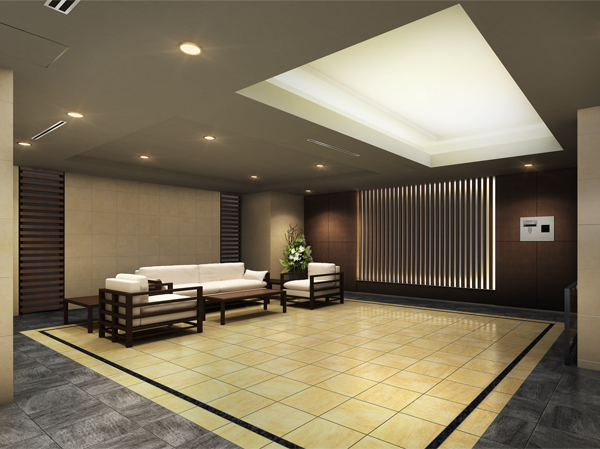 Features of the building.  [Entrance hall] The tiles on the floor natural stone tone, Adopted a profound sense of natural stone on the walls. Oriage ceiling coupled with, It is the entrance hall, which was wrapped in elegant atmosphere. In part of the wall it was accented with warmth by arranging the louver of Sulfur butterfly. By to contrast the natural texture to the majestic space, Space of human scale was born full of more elegant. (Rendering)