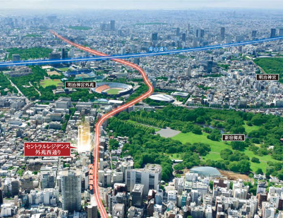 Surrounding environment. aerial photograph ※ Photos posted, To those obtained by photographing the south direction from the vicinity of the sky Shinjuku Tomihisa-cho, (September 2012), CG synthesis such as the local portion of the light ・ Is that where the processing. Also, Surrounding environment might change in the future.