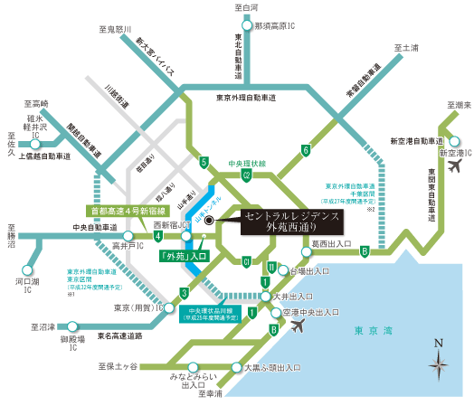 Surrounding environment. "Central Residence Gaien Nishi Street" is, A 2-minute drive Metropolitan Expressway No. 4 Shinjuku line to the "Outer Gardens" entrance (about 750m). Of course on weekdays of private car commuting, If the holiday a little stretch the legs, Hakone ・ Kawaguchiko direction and access to speedy also to leisure attractions such as sunlight direction. Regardless of the on-off, You can enjoy nimble car life. (High-speed road map)