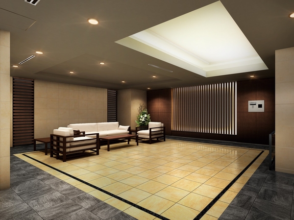 Entrance Hall Rendering ( ※ 2) on the floor of natural stone tone tile, Adopted a profound sense of natural stone on the walls. By disposing the louver in part of the wall, It has become a magnificent height and warmth drifts shared space. Feel the status of the person who live here, It spreads such elegance