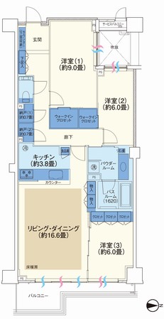  ■ 100M type ・ 3LDK + 2N + 2WIC footprint / 100.20 sq m balcony area / 8.50 sq m service balcony area / 1.32 sq m