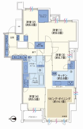  ■ 40B type ・ 1LDK + WIC occupied area / 37.95 sq m balcony area / 4.46 sq m service balcony area / 1.08 sq m