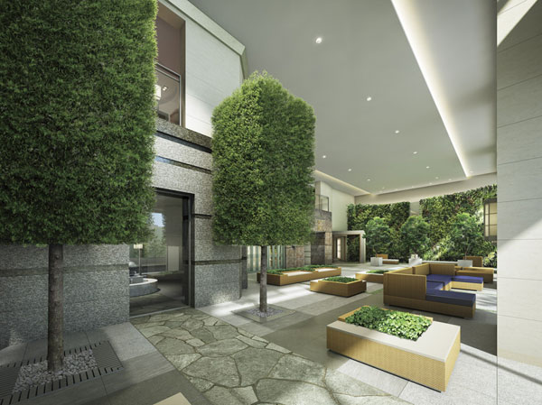 Shared facilities.  [Entrance Hall to devise was kept alive everywhere] Missing the entrance that consolidates the front function of hospitality, And promote the step to the back, Luxurious hall of the two-layer atrium that exceeds the height 6m will spread. To produce the entrance hall, Suntory of greening business "Midorie". By decorate the wall in green, Relaxing nature and feelings, It has proposed a deep breath and want to become such a space. ( "Comfort Tower" Entrance Hall Rendering ※ )