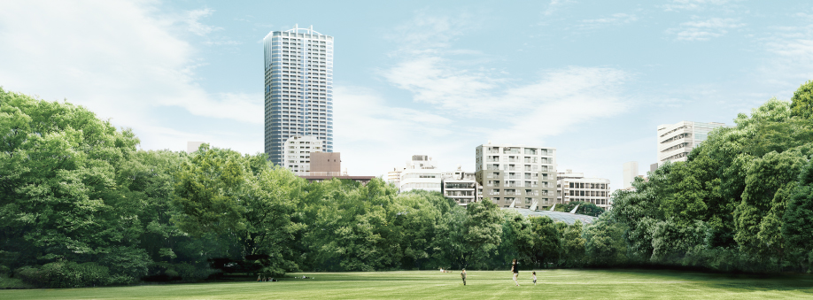 Rendering overlooking the Tomihisa Cross condominium tower building ※ Become Exterior view depicting based on the drawings of the planning stage from the local south about 850m away point, In fact a slightly different. It should be noted, Details of appearance ・ Equipment ・ Piping, etc., it has some omitted or simplified. Also, It might change in the future. It should not be considered to represent the status of the particular season With regard to planting.