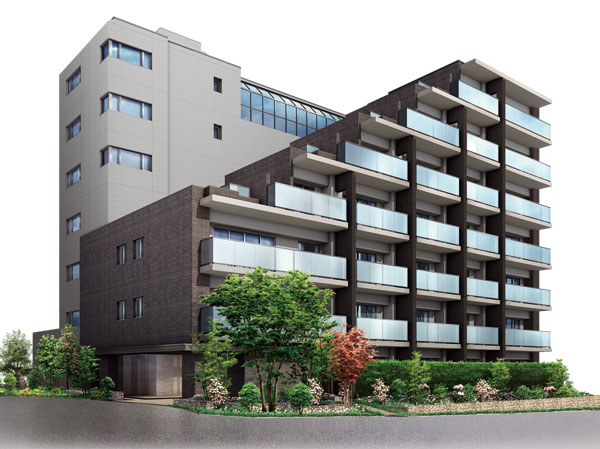 Shared facilities.  [Worthy of the land of Mejiro dignified stately exterior design] Exterior design, We foster a flavor worthy of the fine mansion. By using a milky white glass on the balcony of the handrail, Creating a rich look to shine in the sun. It drifts profound feeling is to emphasize grid design a vertical line, Magnificent appearance of the residence of Mejiro unique was born. (Exterior view)