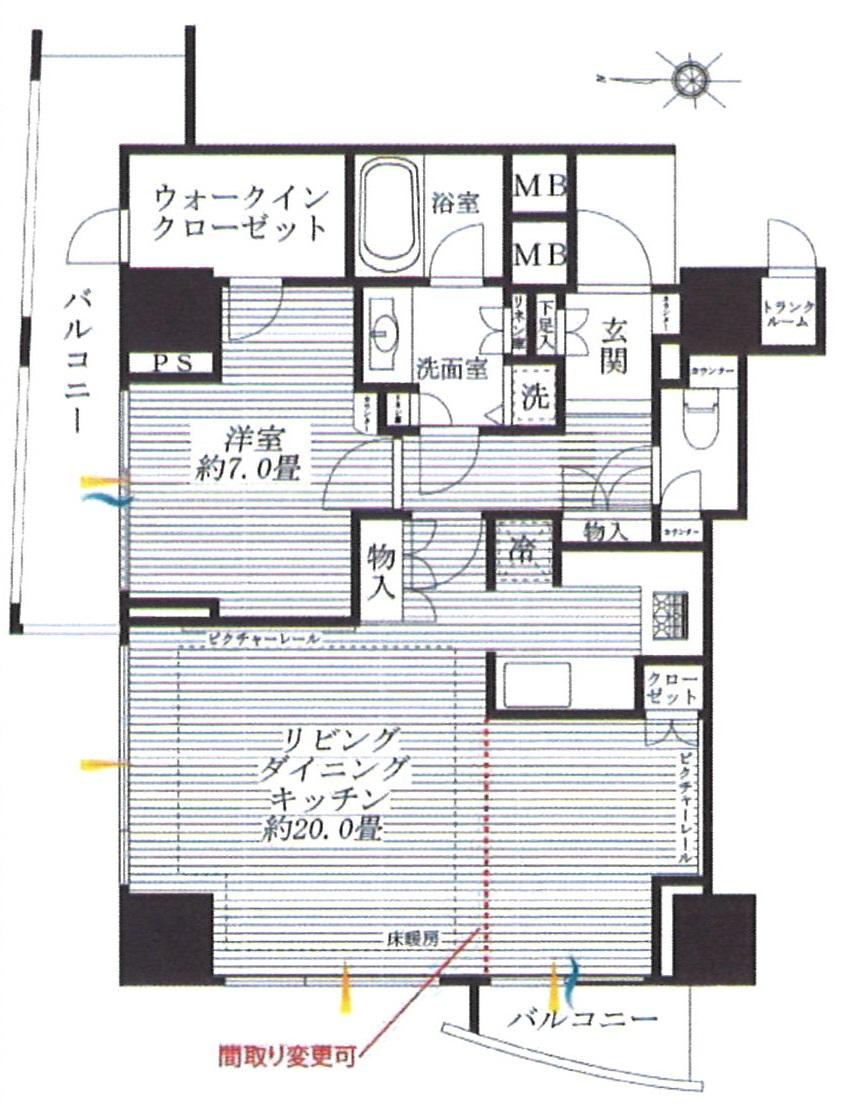 Floor plan. 1LDK, Price 67,900,000 yen, Footprint 65.4 sq m , Balcony area 11.16 sq m