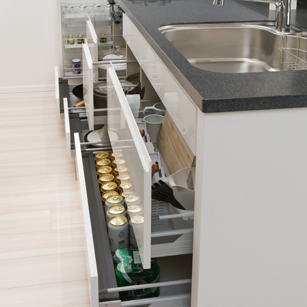 Kitchen.  [Sliding storage] Storage of system kitchens, It can be effectively utilized in the prone cabinet in a dead space, It has adopted a sliding storage.   ※ 65B-1, 55C, Except 65D-1 type of a part (corner cabinet part).