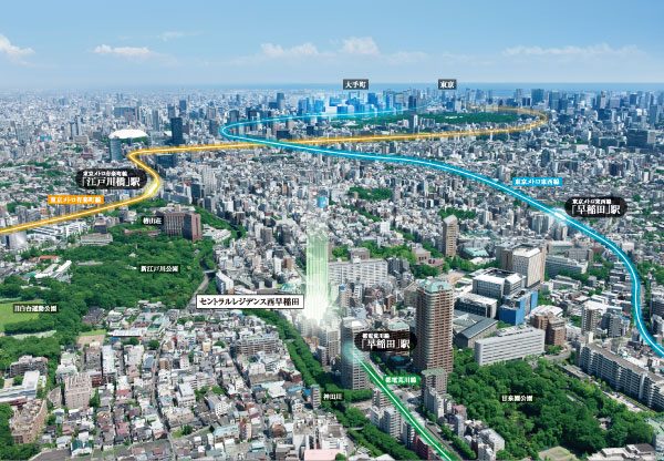 Surrounding environment. Yet the Yamanote Line the inside of the location, Taste some streets and lush natural spread location environment.  ※ Aerial photo of the web is, To those obtained by photographing the southeast from Toshima Takada 3-chome, near the sky (July 2012), CG synthesis such as the local portion of the light ・ It has been processed, In fact a slightly different. Also, Surrounding environment might change in the future.