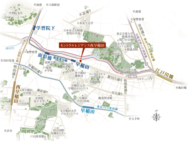 Surrounding environment. Along the road leading from the local to the Tokyo Metro "Waseda" station direction is, Area with the center and the vibrant and bustling Waseda University. In addition to the long-established from the out-of-date is close to the station, Dotted also super food and daily necessities of daily life are aligned. Eaves shops that are unique to each of the street, Enhancement is indispensable shopping street in everyday life. Also, Cafes and grocery stores that witty in places, Gallery, etc. also. Good time also to discover such a shop in the middle of a walk (area conceptual diagram)