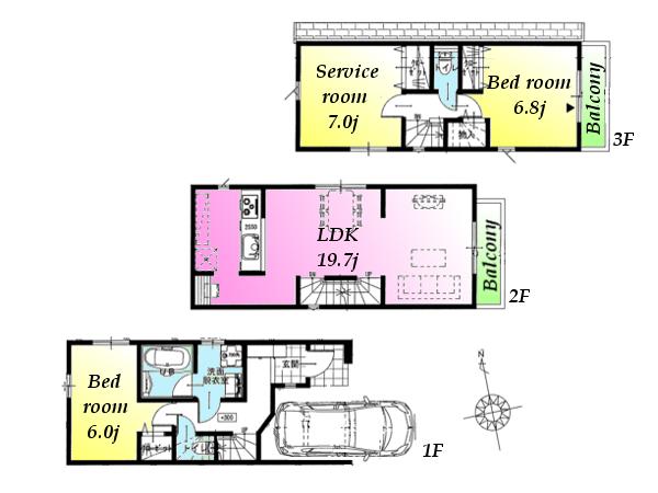 Building plan example (floor plan). Building plan example (A) 3LDK, Land price 51,800,000 yen, Land area 59.41 sq m , Building price 17 million yen, Building area 98.4 sq m