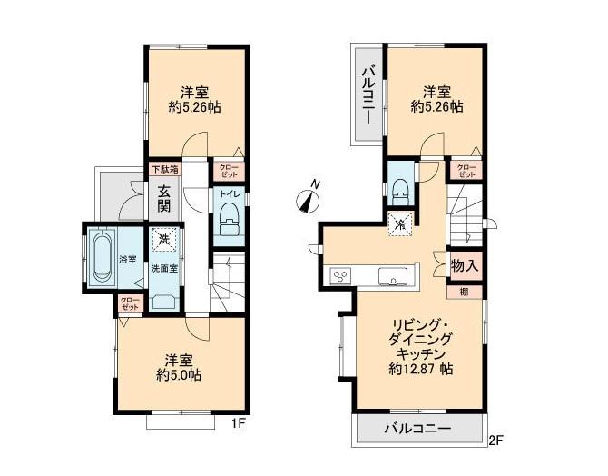 Floor plan. (1 Building), Price 53,300,000 yen, 3LDK, Land area 85.97 sq m , Building area 68.72 sq m