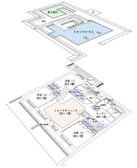 Interior.  [Aozora terrace plan] Relax big sky and the connection "Aozora Terrace" is outdoor living full of sense of openness. The room is bright and airy space by the wide span design Komu plenty call the light and wind. (G type conceptual diagram) 3LDK / Occupied area 77.49 sq m  Aozora terrace area 20 sq m