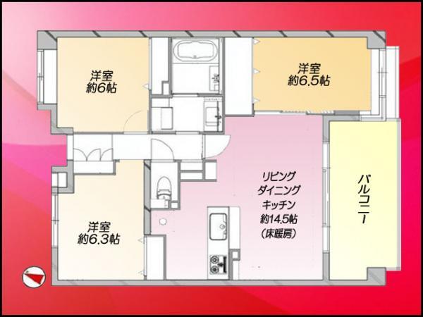 Floor plan. 3LDK, Price 44,800,000 yen, Occupied area 72.62 sq m , Balcony area 11.36 sq m