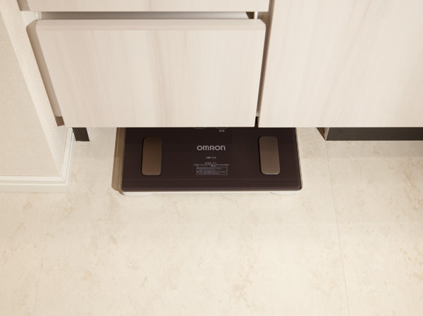 Bathing-wash room.  [Health meter storage space] To take advantage of the vanity of the feet, It was provided with a storage space of the health meter so as not to interfere with the flow line.