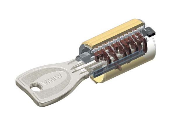 Security.  [Dimple key] Adopt a difficult dimple cylinder key replication. Suppress the picking by its complicated structure. Also the cylinder side using the high hardness parts, And exhibit a high resistance to the drill attack. (Conceptual diagram)