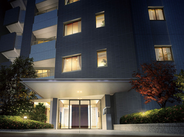 Shared facilities.  [Entrance Rendering (night)] About 6m set back entrance has directed the home of private property by the planted zone and sidewalk.