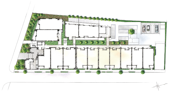 Shared facilities.  [Site placement illustrations] The south-facing with its face to the sun a dwelling unit to capture the brightness. Providing a pleasant sidewalk on the east side, A plan that was extremely mild comfort that blend with the mansion district. And in the middle of the grounds, You have to place the "courtyard" along the common corridor leading to each dwelling unit.