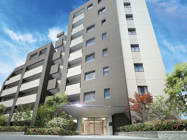 Shared facilities.  [Entrance Rendering (noon)] A canopy entrance, Gray exterior wall tile has created a face of dignity overflowing mansion.